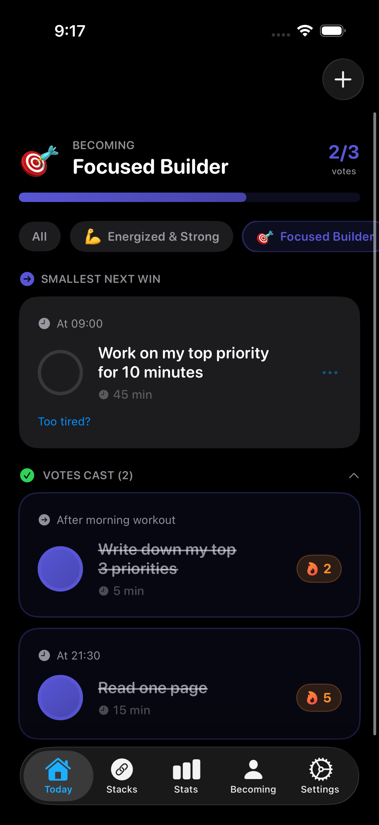 Identity-based habit tracker – Energized & Strong identity filter